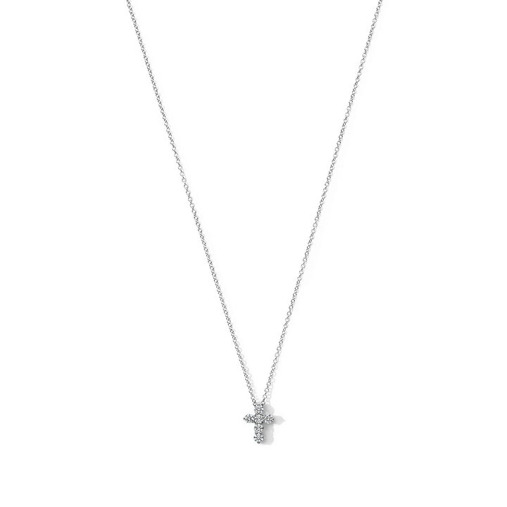 Round Diamond Small Cross Necklace In White Gold 14K