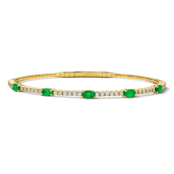 Diamond and Green Emerald Flexible Bangle Bracelet In Yellow Gold 14K