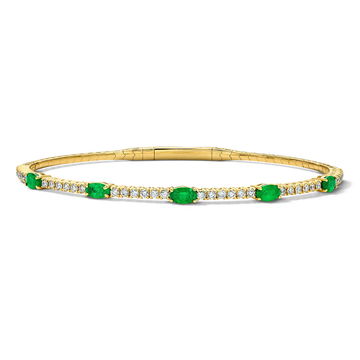 Diamond and Green Emerald Flexible Bangle Bracelet In Yellow Gold 14K