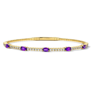 Diamond and Amethyst Flexible Bangle Bracelet In Yellow Gold 14K