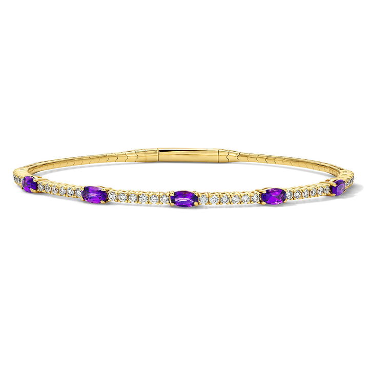 Diamond and Amethyst Flexible Bangle Bracelet In Yellow Gold 14K