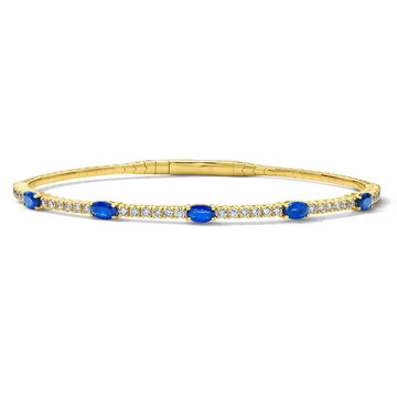 Diamond and Blue Sapphire Flexible Bangle Bracelet In Yellow Gold 14K