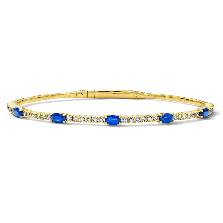 Diamond and Blue Sapphire Flexible Bangle Bracelet In Yellow Gold 14K