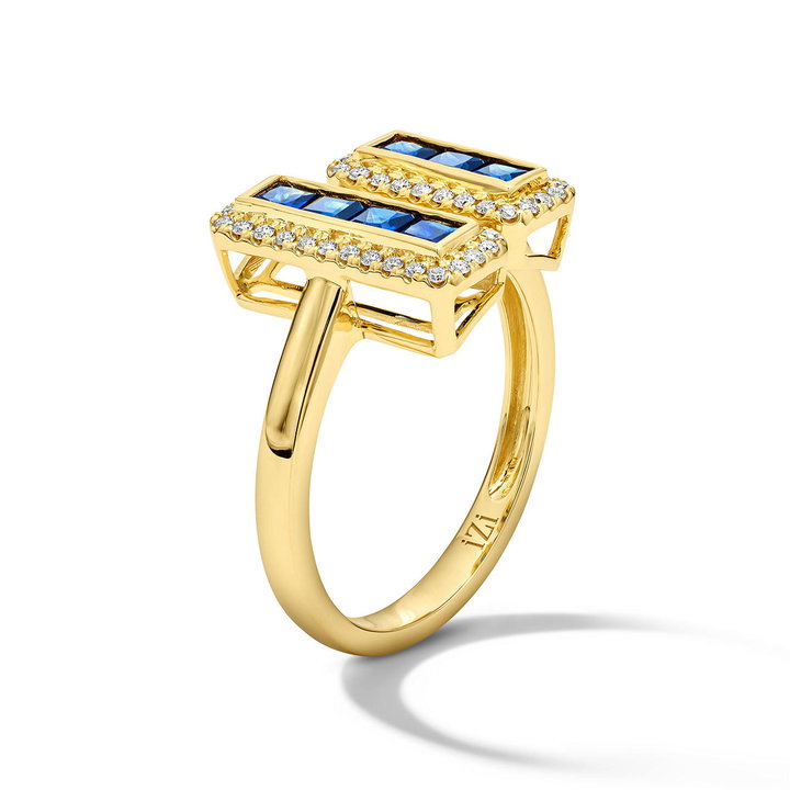 Blue Sapphire Double Bar Diamond Ring In Solid 14K Yellow Gold