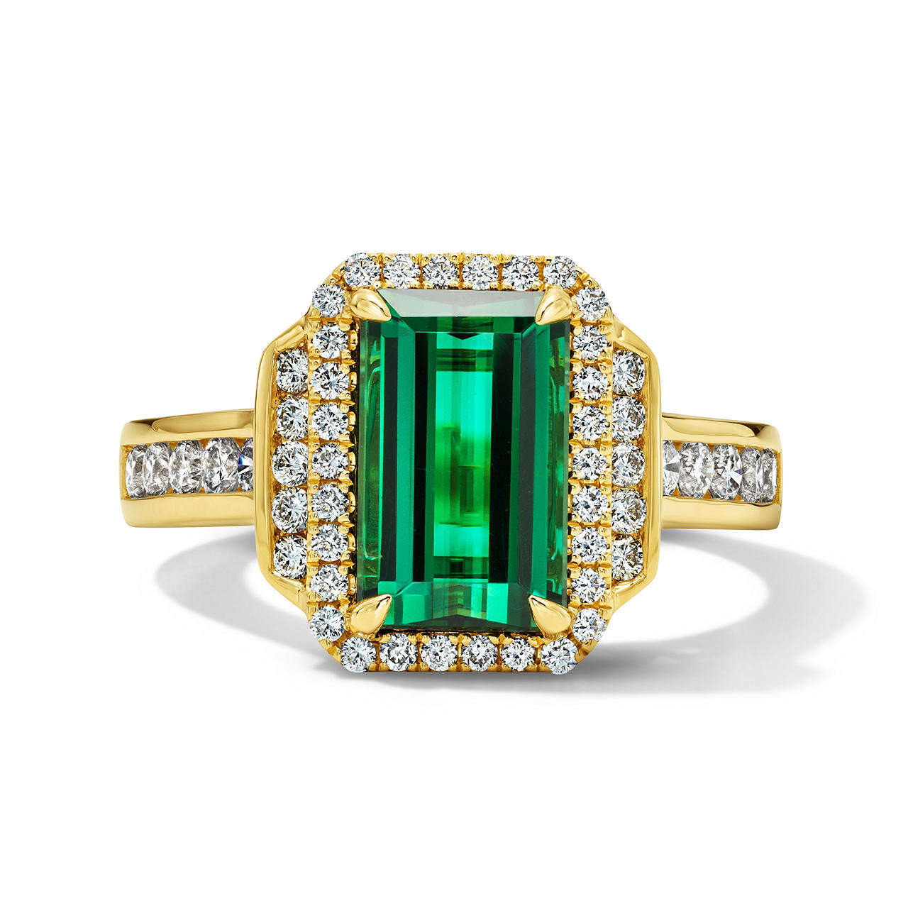 Emerald-Cut Green Tourmaline & Diamond Halo Ring
