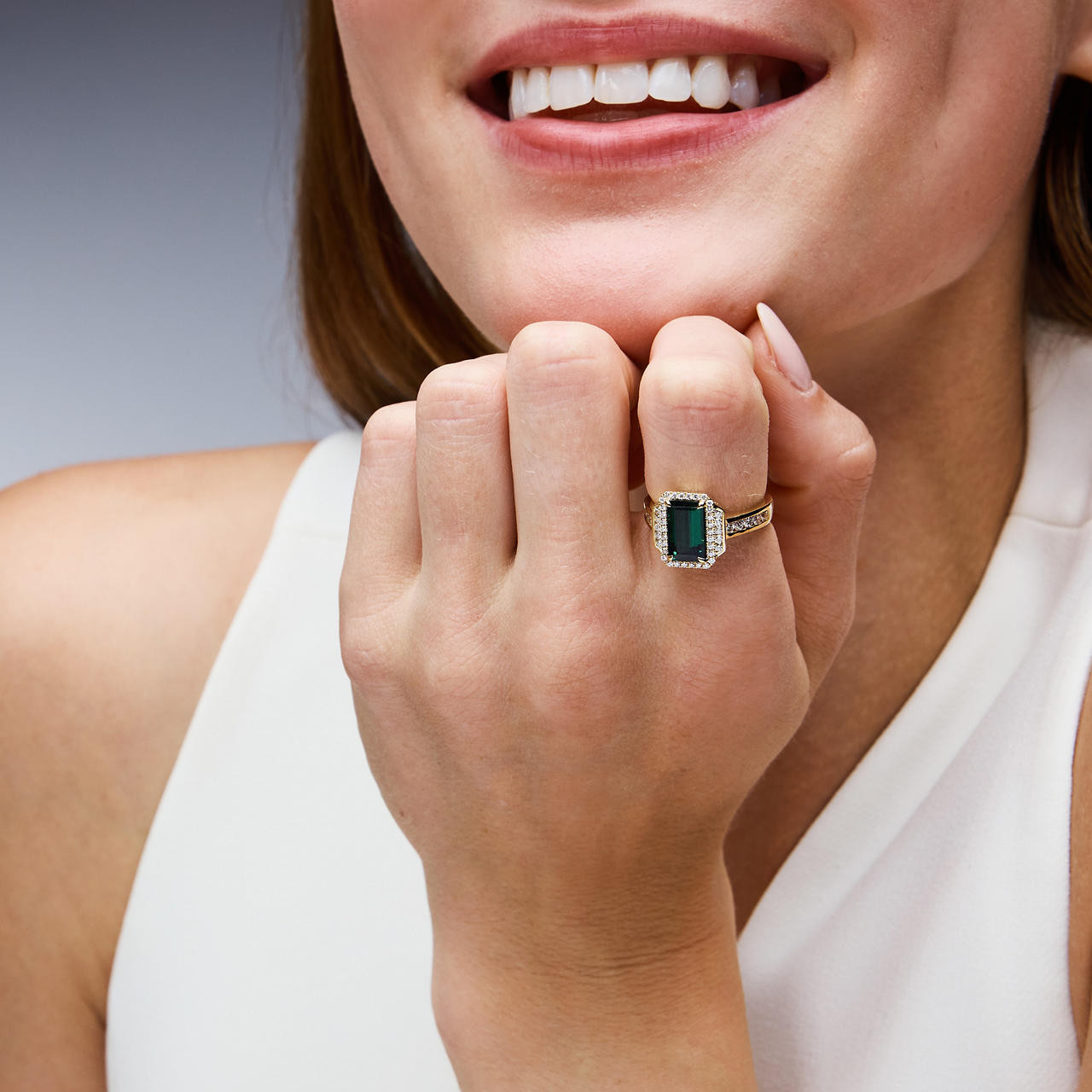 Emerald-Cut Green Tourmaline & Diamond Halo Ring
