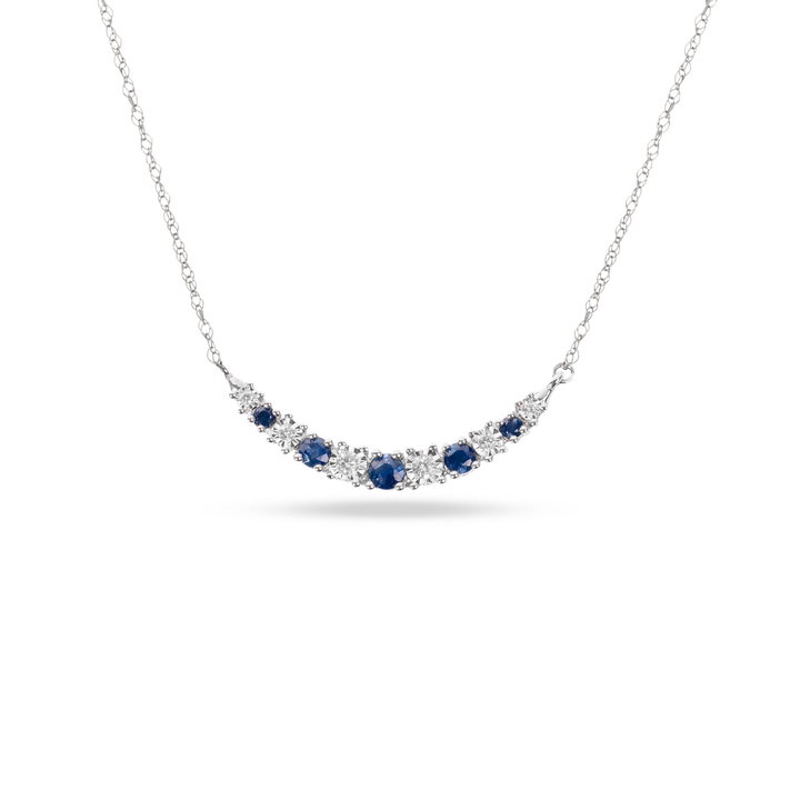 Blue Sapphire & Diamond Curve Bar Necklace In White Gold 14K