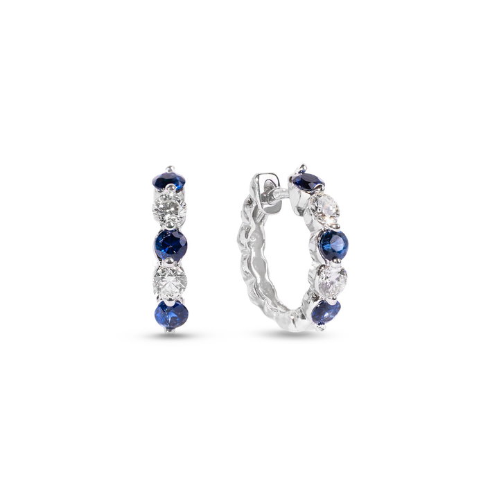 Blue Sapphire & Diamond Huggie Hoop Earrings In White Gold 14K