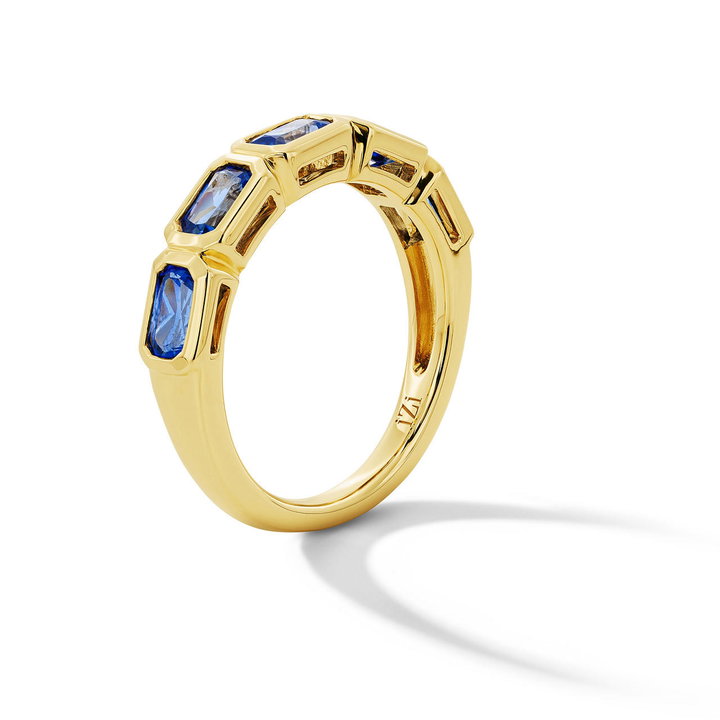 Emerald Cut Blue Sapphire Bezel Band In Solid 14K Yellow Gold