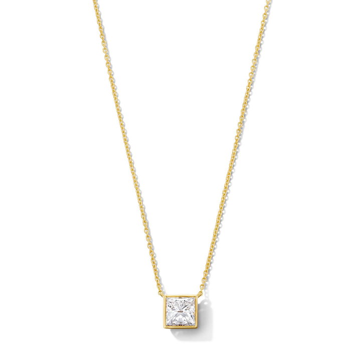 Princess Cut Lab Grown Diamond Bezel Necklace In Yellow Gold 14K