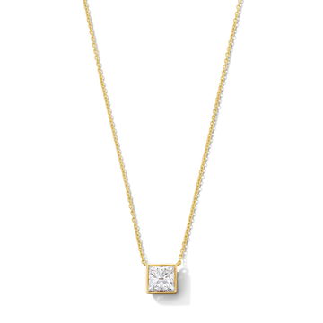 Princess Cut Lab Grown Diamond Bezel Necklace In Yellow Gold 14K