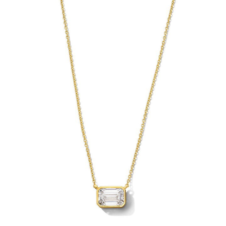 Emerald Cut Lab Grown Diamond Bezel Necklace In Yellow Gold 14K