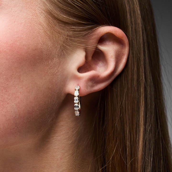 Emerald-Cut Lab Grown Diamond Five Stone Hoop Earrings In White Gold 14K