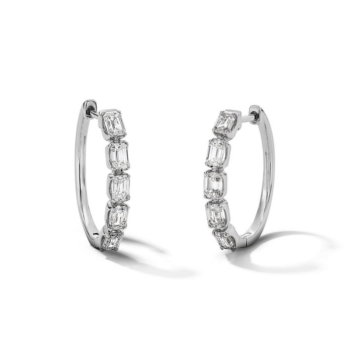 Emerald-Cut Lab Grown Diamond Five Stone Hoop Earrings In White Gold 14K