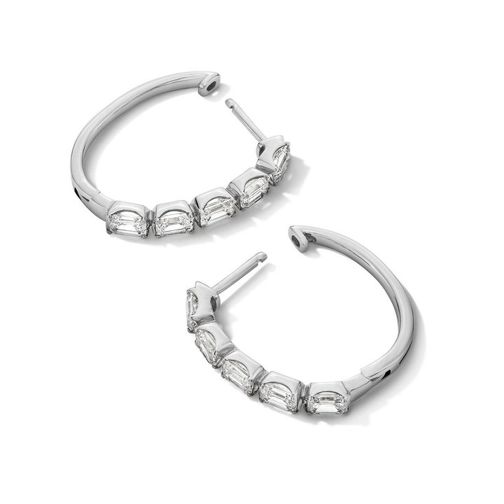Emerald-Cut Lab Grown Diamond Five Stone Hoop Earrings In White Gold 14K
