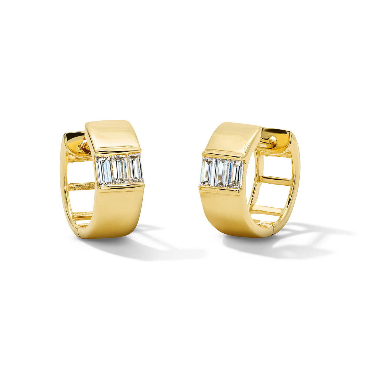 Gold Baguette Diamond Huggie Hoop Earrings