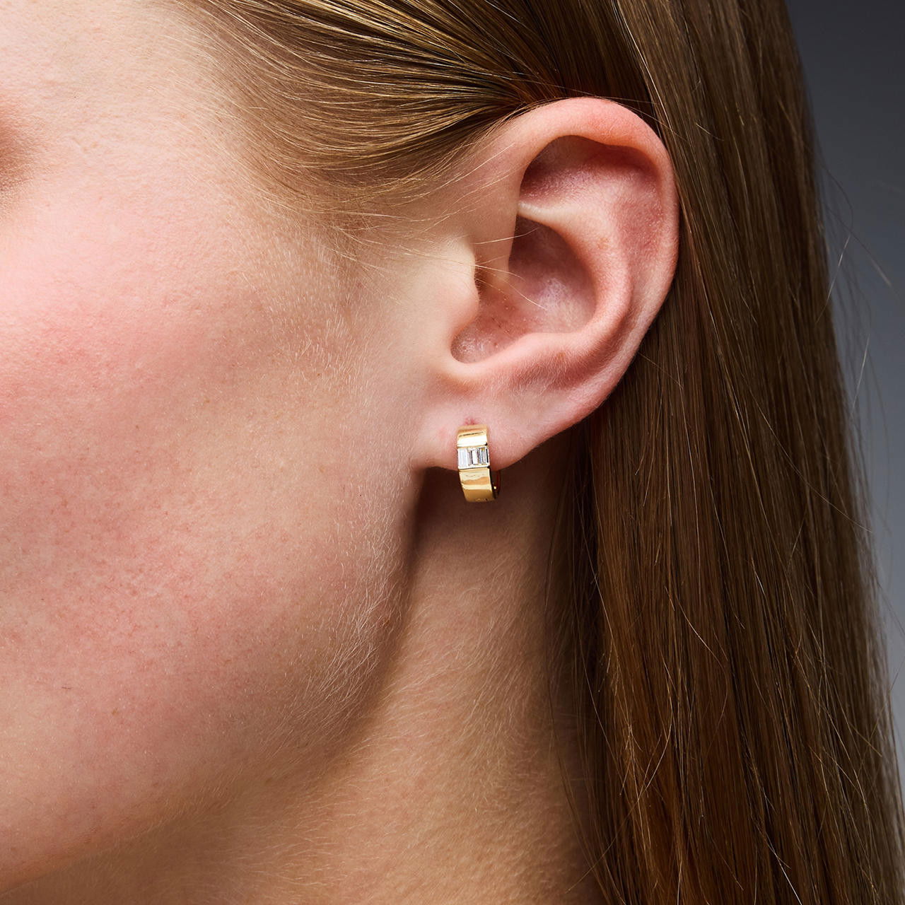 Gold Baguette Diamond Huggie Hoop Earrings