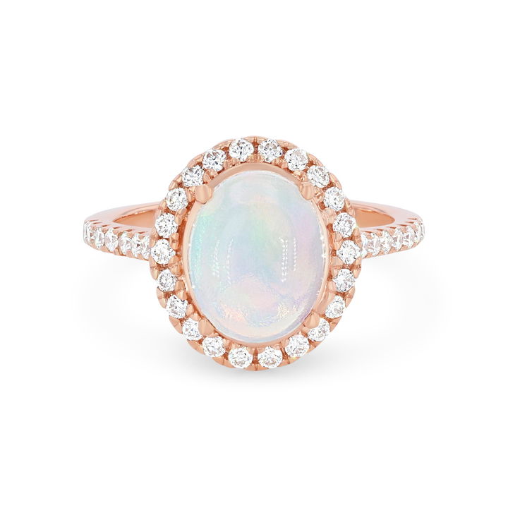 Opal and Diamond Oval Halo Ring In Rose Gold 14K