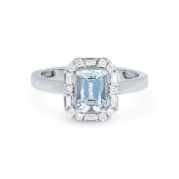 Aquamarine and Mixed Diamond Halo Ring In White Gold 14K