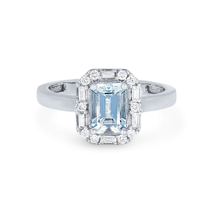 Aquamarine and Mixed Diamond Halo Ring In White Gold 14K