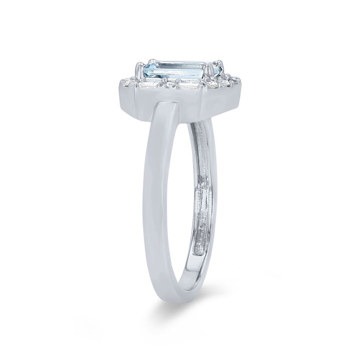 Aquamarine and Mixed Diamond Halo Ring In White Gold 14K