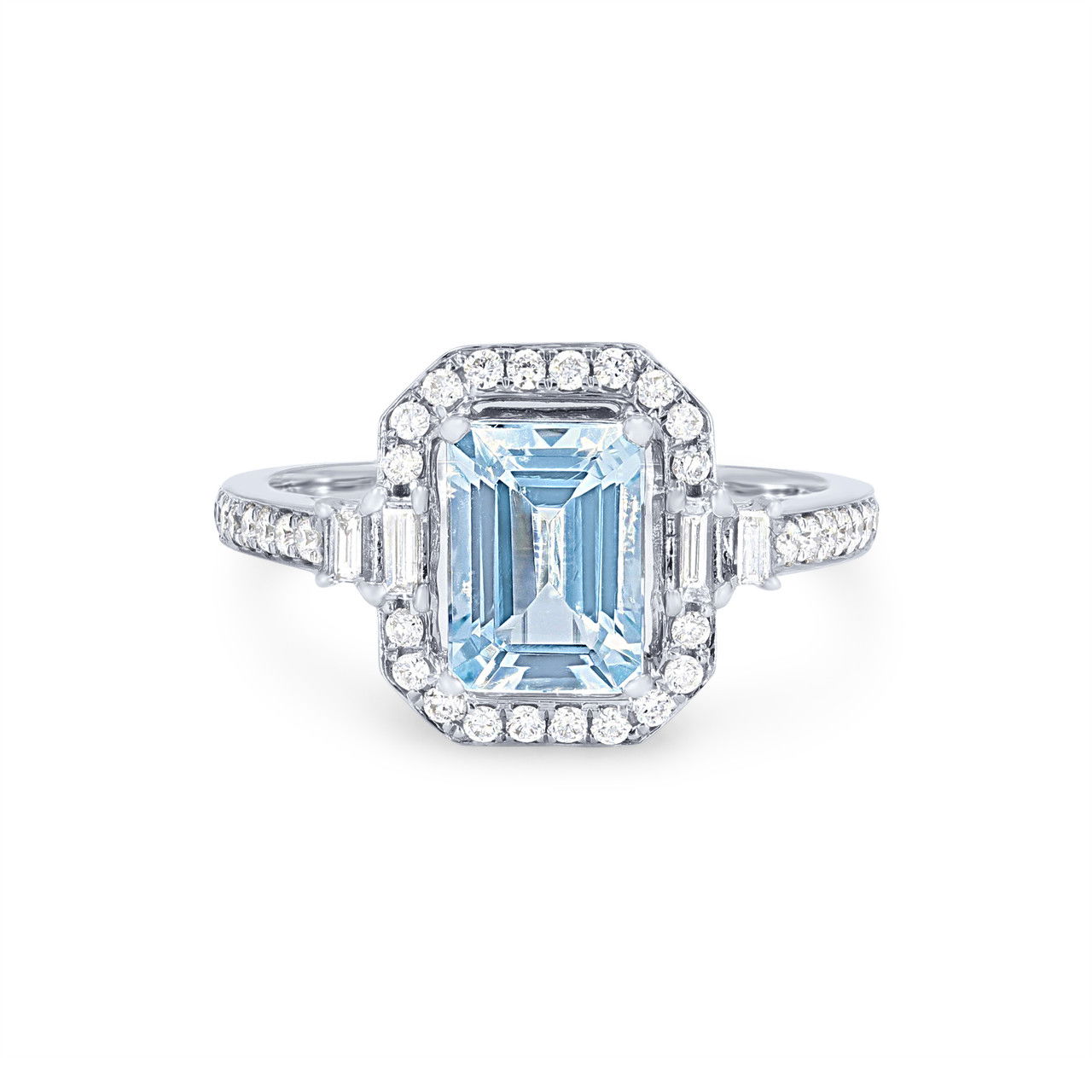 Aquamarine and Diamond Emerald Halo Ring
