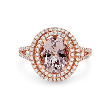 Morganite and Diamond Double Halo Ring In Rose Gold 14K