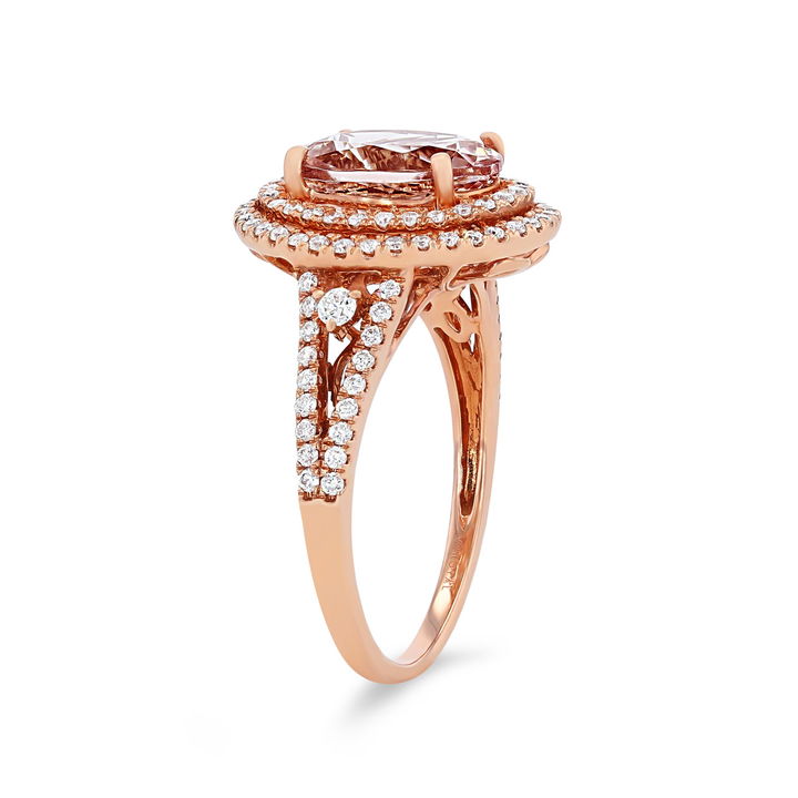Morganite and Diamond Double Halo Ring In Rose Gold 14K