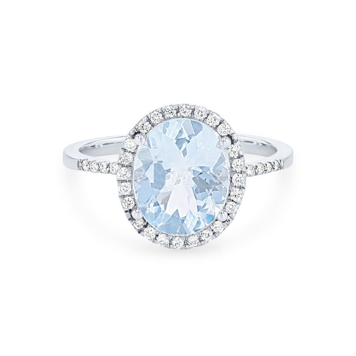 Oval Aquamarine and Diamond Halo Ring In White Gold 14K