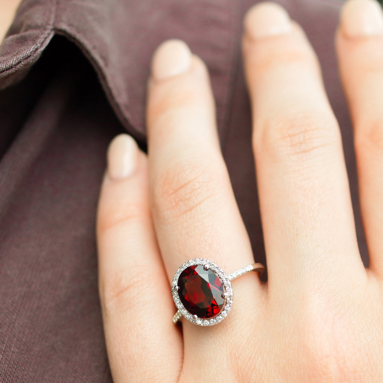 Garnet and Diamond Oval Halo Ring