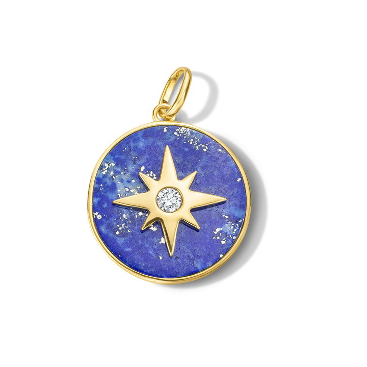 Lapis Diamond Large Starburst Charm In Solid 14K Yellow Gold