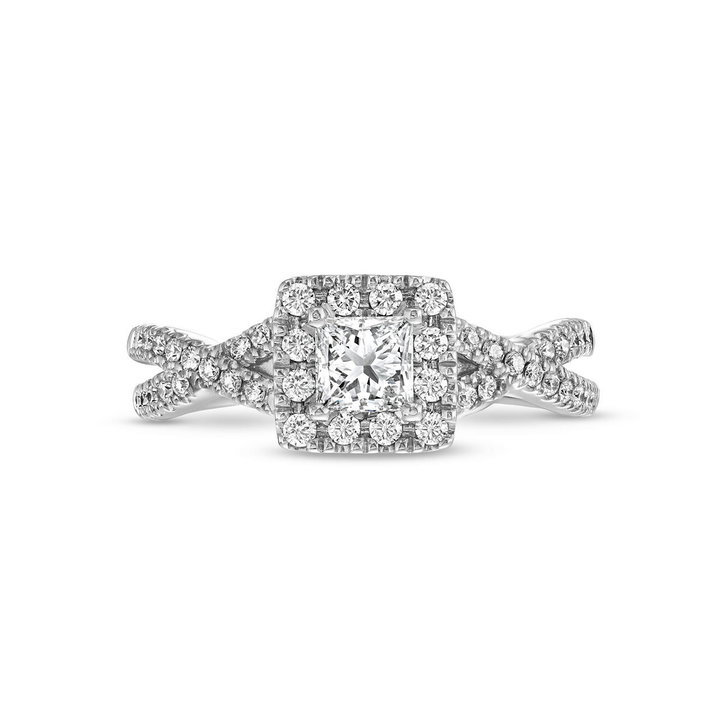 Princess Diamond Halo Twist Engagement Ring In White Gold 14K