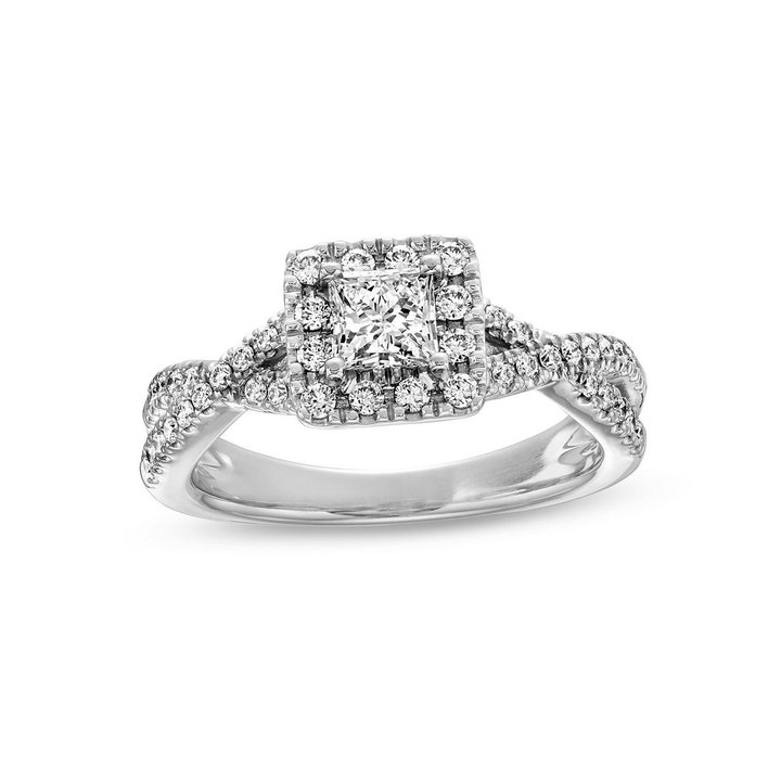Princess Diamond Halo Twist Engagement Ring In White Gold 14K