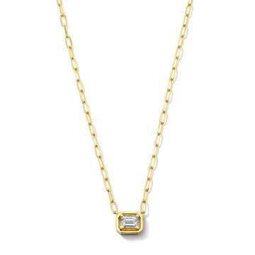Solitaire Emerald-Cut Diamond Paperclip Chain Necklace In Yellow Gold 18K