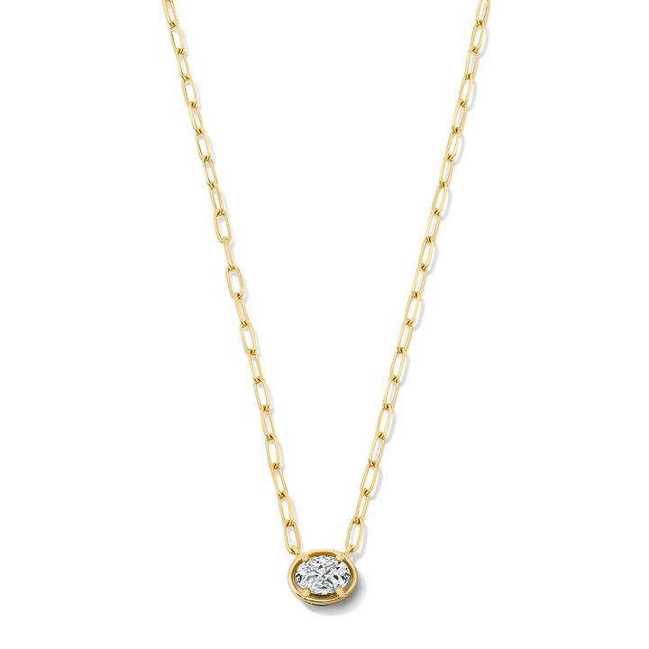 Solitaire Oval Diamond Paperclip Chain Necklace In Solid 18K Yellow Gold