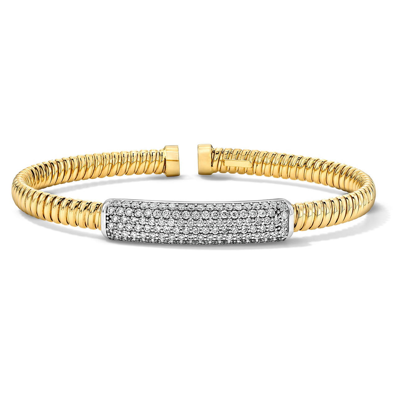 Pave Diamond Bar Gold Open Bangle Bracelet