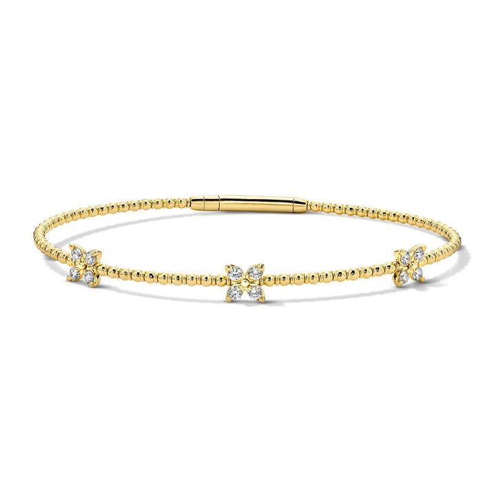 Diamond Floral Station Flexible Bangle Bracelet In Yellow Gold 14K