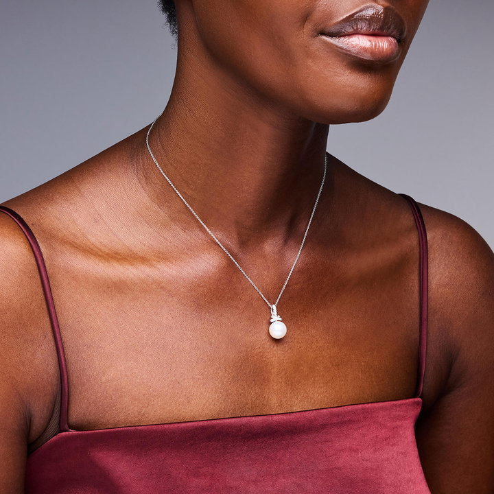 Freshwater Pearl Diamond Bail Pendant Necklace In Solid 18K White Gold