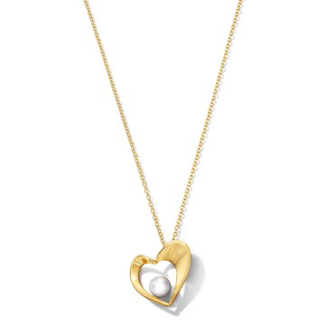 Freshwater Pearl Gold Heart Pendant Necklace In Solid 14K Yellow Gold