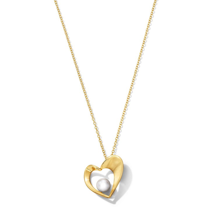 Freshwater Pearl Gold Heart Pendant Necklace In Solid 14K Yellow Gold