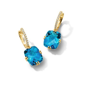 Cushion-Cut London Blue Topaz Dangle Earrings In Solid 14K Yellow Gold