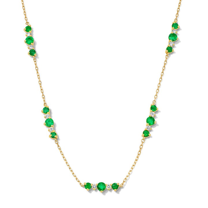 Green Emerald & Diamond Station Necklace In Yellow Gold 18K