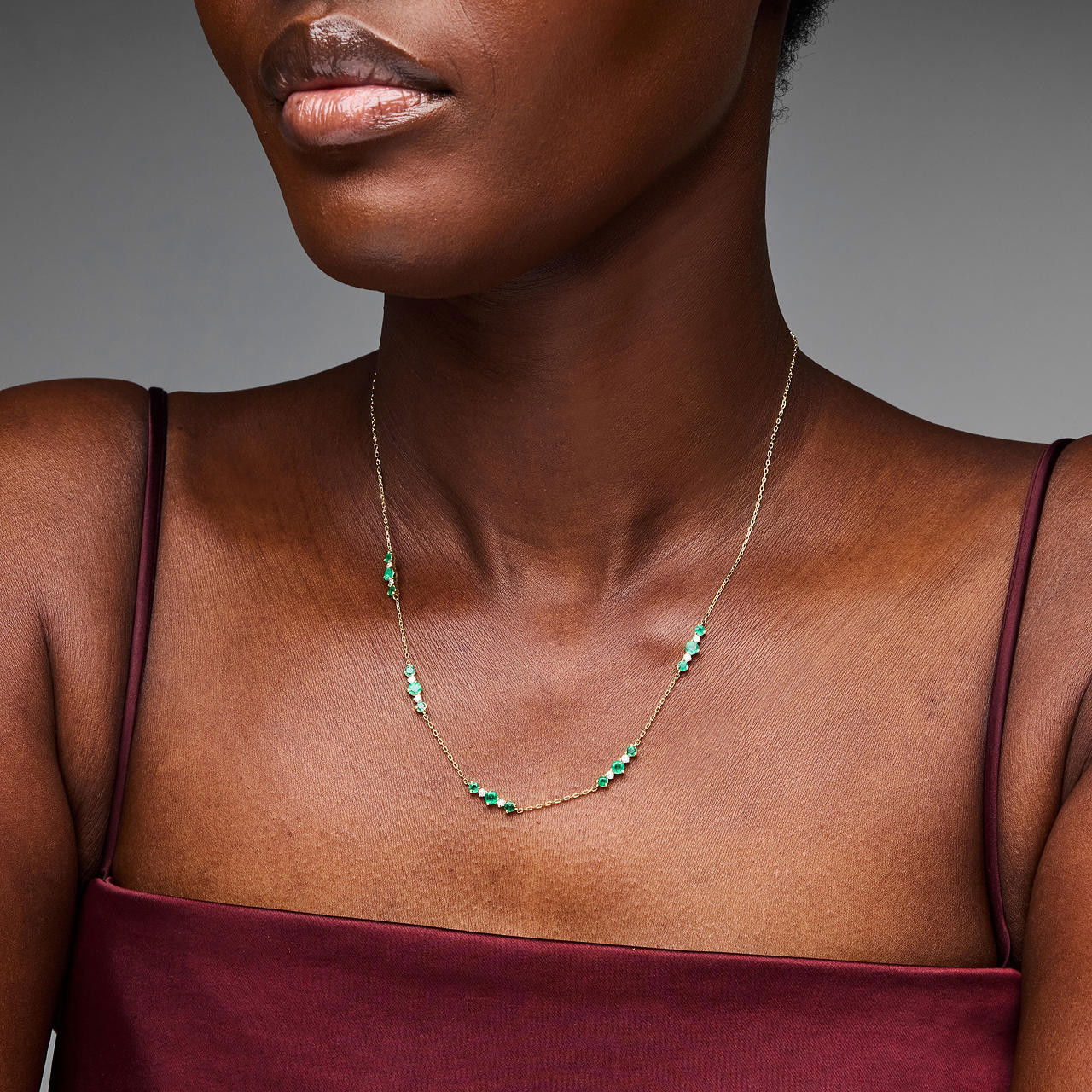 Green Emerald & Diamond Station Necklace
