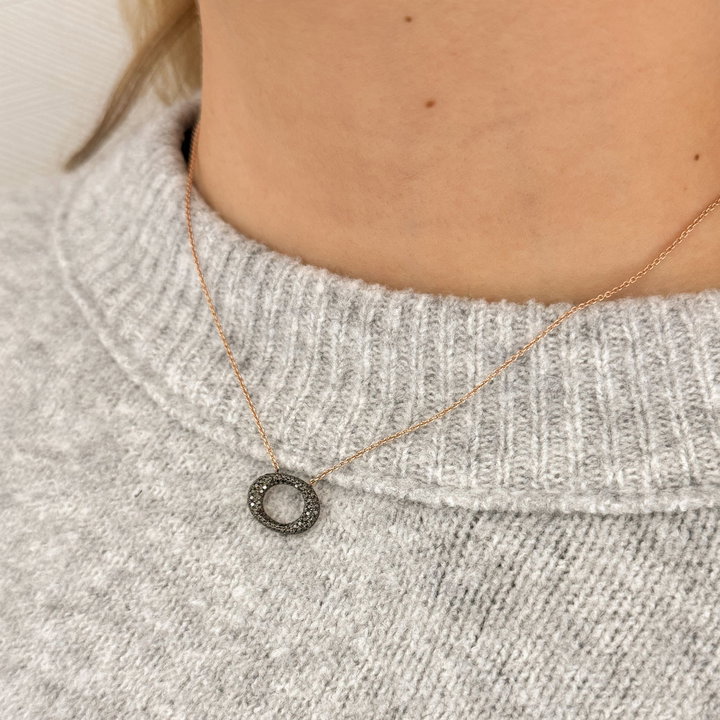 Black Diamond Circle Pendant Necklace In Solid 14K Rose Gold