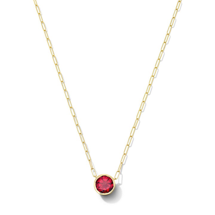 Red Garnet Bezel Paperclip Chain Necklace In Yellow Gold 14K