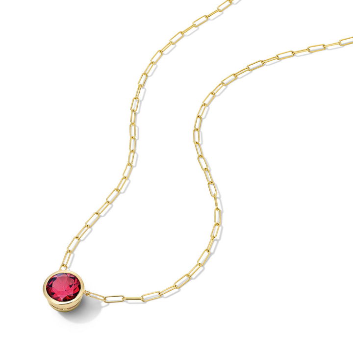 Red Garnet Bezel Paperclip Chain Necklace In Yellow Gold 14K