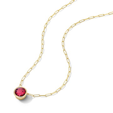 Red Garnet Bezel Paperclip Chain Necklace In Yellow Gold 14K