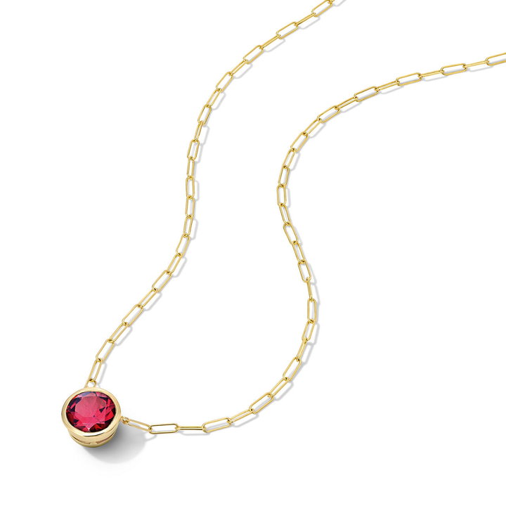 Red Garnet Bezel Paperclip Chain Necklace In Yellow Gold 14K