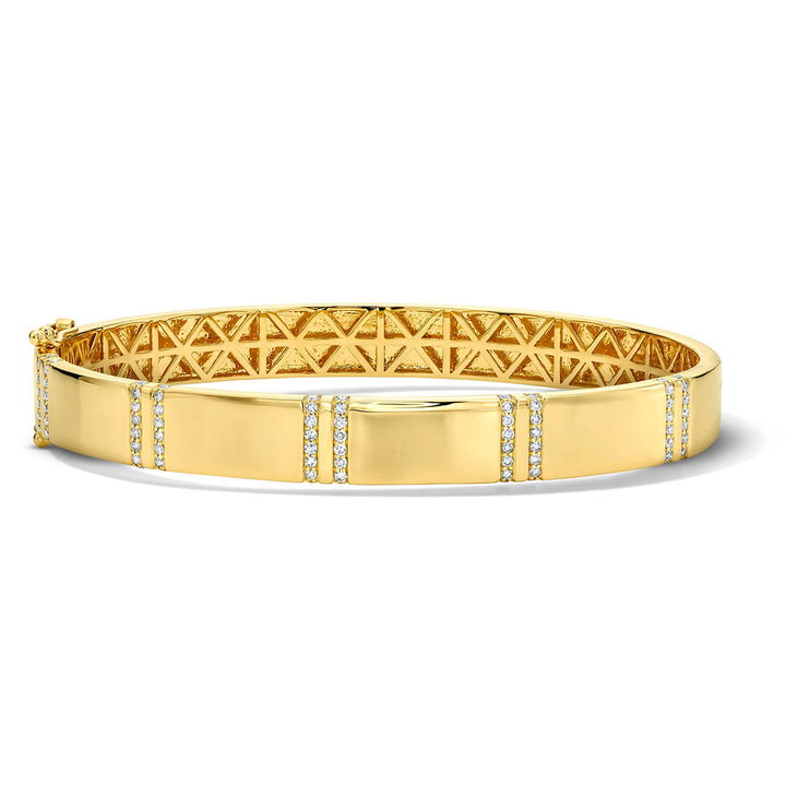 Double Line Diamond Gold Bangle Bracelet In Yellow Gold 14K
