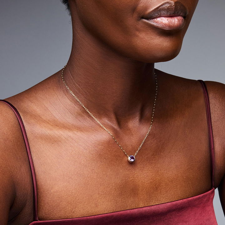 Amethyst Bezel Paperclip Chain Necklace In Yellow Gold 14K
